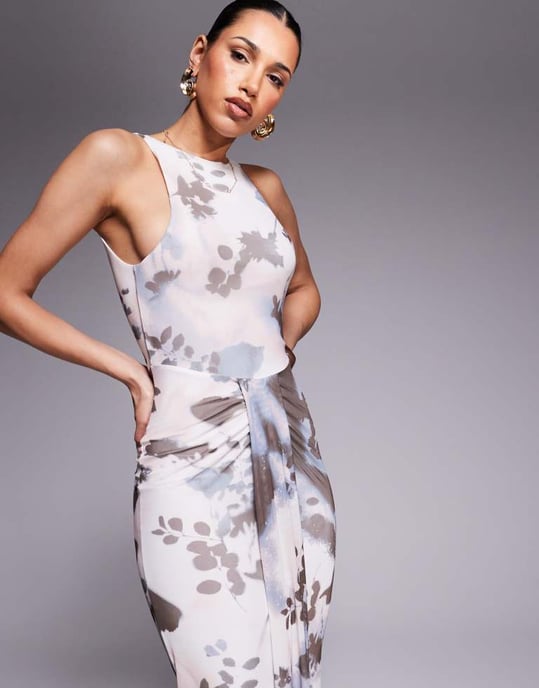 ASOS DESIGN mesh skär halsöppning midi klänning med sashesdetalj i abstrakt blommönster - Image 4