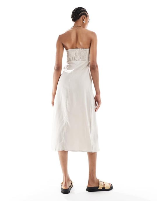 ONLY Lång linneblandning bandeau midi klänning i sten - Image 2