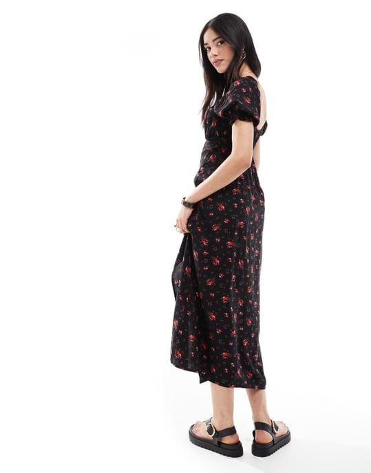 Miss Selfridge snurrad te midaxi klänning i svart rosprint - Image 2