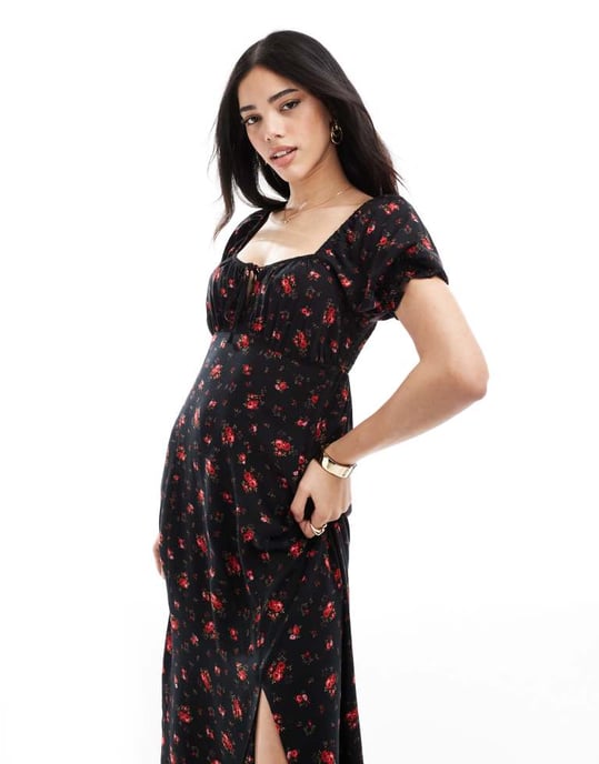 Miss Selfridge snurrad te midaxi klänning i svart rosprint - Image 4