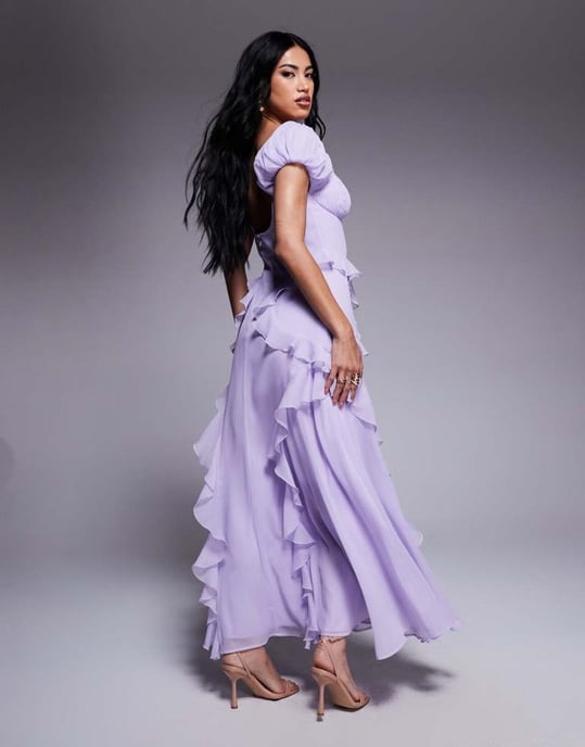 ASOS DESIGN midi klänning med puffärmar och volanger i ljuslila - Image 3