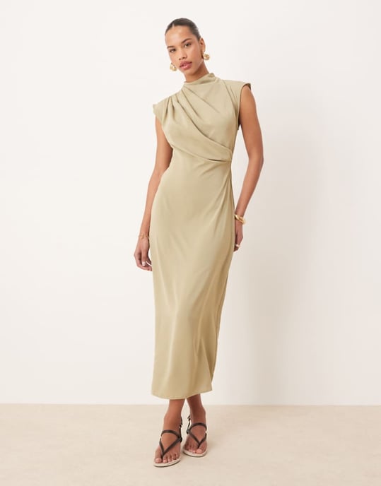ASOS DESIGN höghalssärmid klänning utan ärmar med draperad hals i salviagrön - Image 1