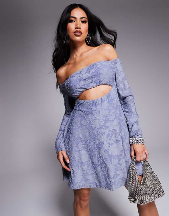ASOS DESIGN bardot faux-ord i devore mini klänning i blå - Image 2