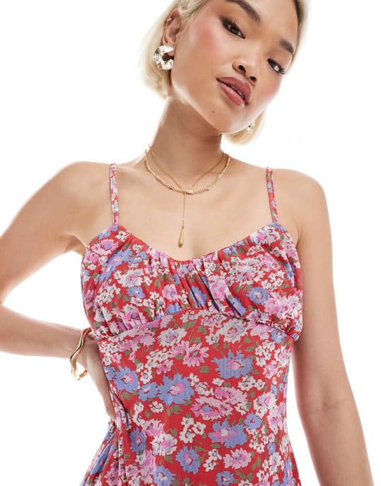 ASOS DESIGN mesh cami rynkad byst mini klänning i rosa blommönster - Image 3