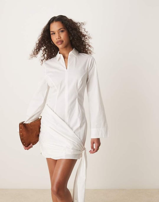 ASOS DESIGN zip-up skjortklänning med knytdetalj i off-white - Image 4