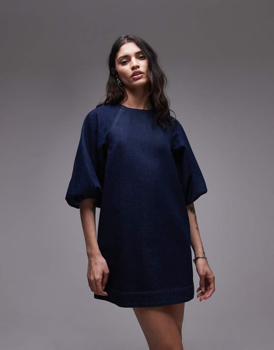 Topshop denim mini shiftklänning med ballongärmar i rå look indigo - Image 2