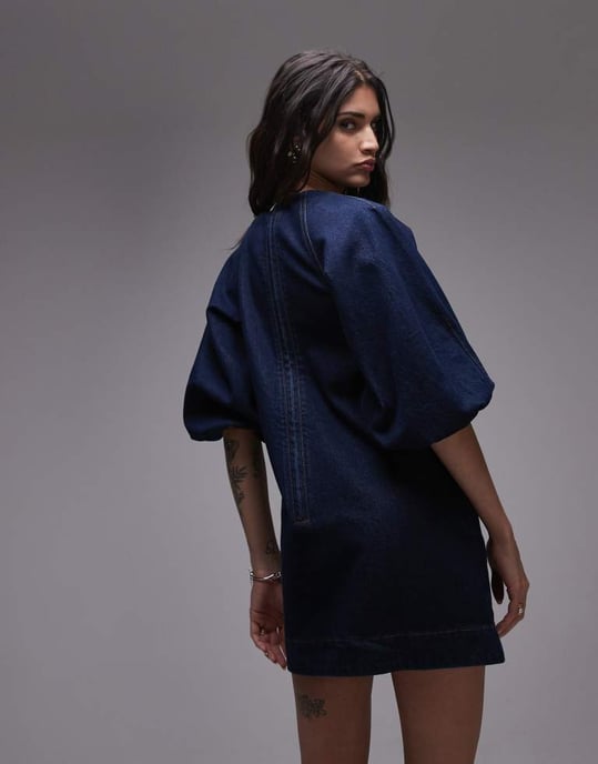 Topshop denim mini shiftklänning med ballongärmar i rå look indigo - Image 4