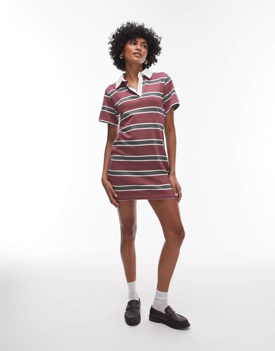 Topshop jersey kortärmad polo miniklänning i röd rand - Image 2