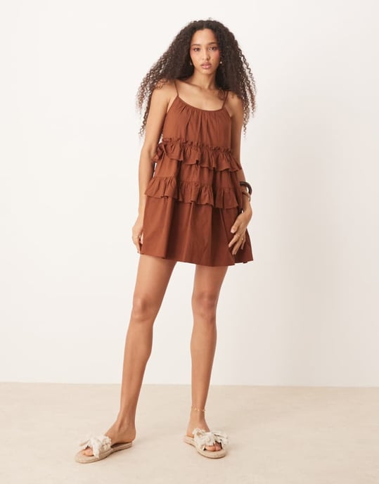 ASOS DESIGN volanglager mini klänning i choklad - Image 3
