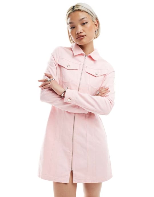 Miss Selfridge dragkedja upp jeans mini klänning i ljusrosa - Image 2