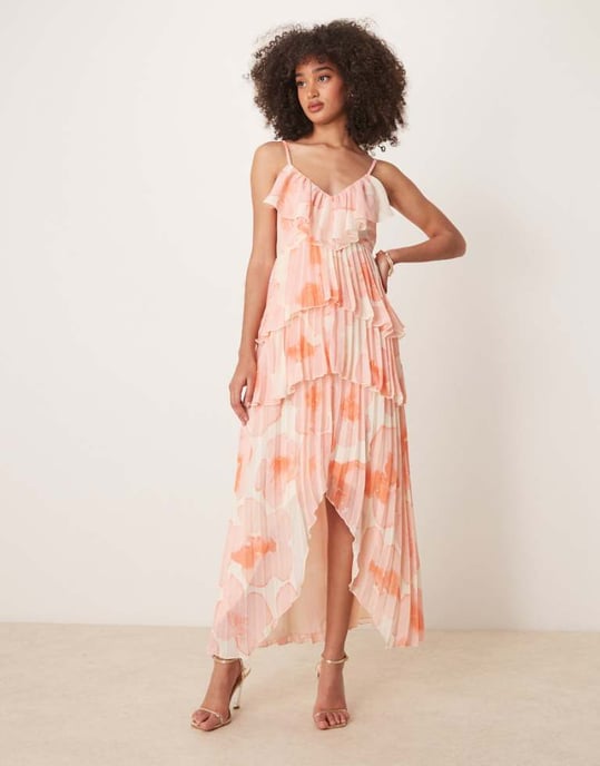 ASOS DESIGN volanglagerad asymmetrisk plisserad klänning i akvarellblommönster - Image 1