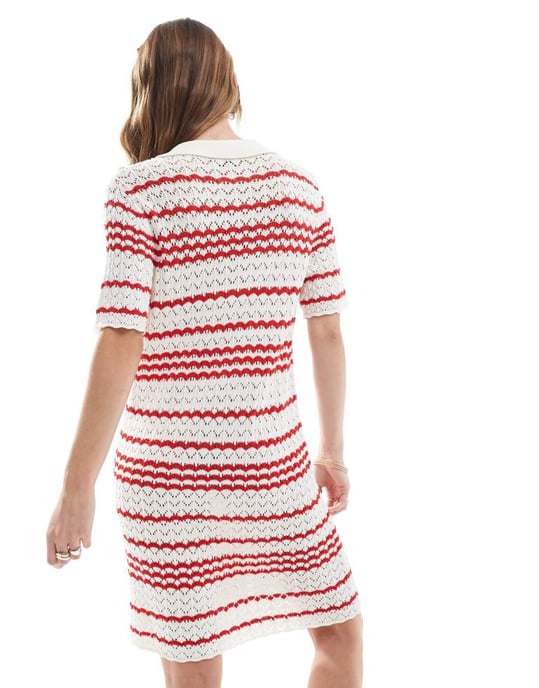 Miss Selfridge virkad kontrast polo knäppning genom stickad klänning i röd rand - Image 3