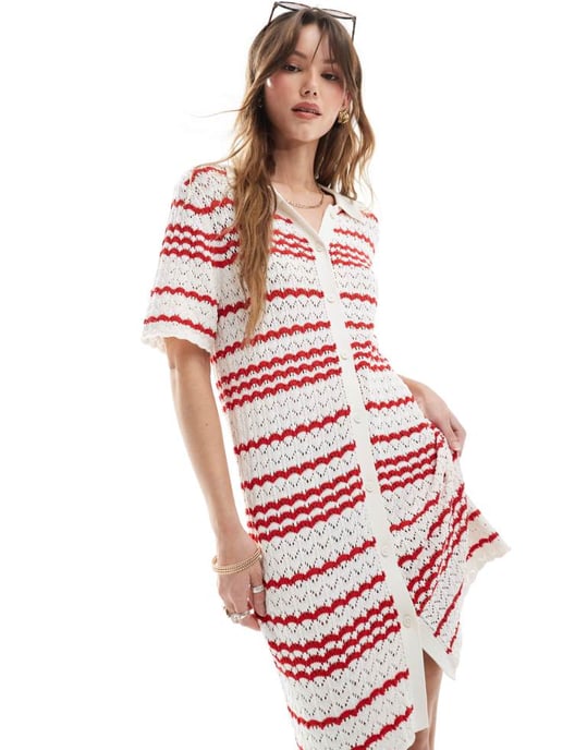 Miss Selfridge virkad kontrast polo knäppning genom stickad klänning i röd rand - Image 4