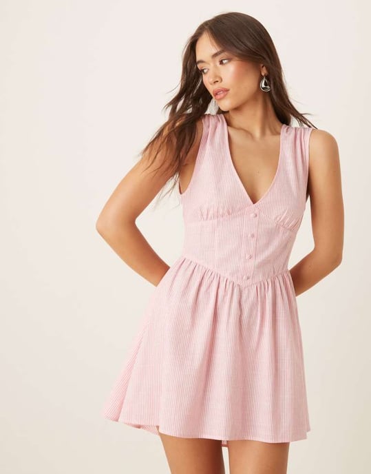 ASOS DESIGN v-ringad midjesnitt knapp-down mini-klänning i randig mönster - Image 2