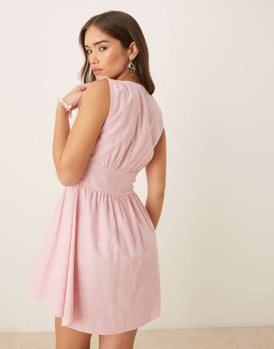 ASOS DESIGN v-ringad midjesnitt knapp-down mini-klänning i randig mönster - Image 4