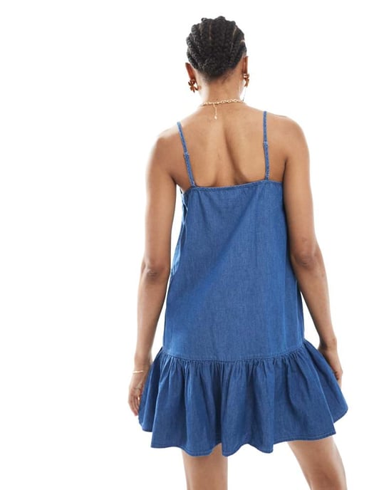 ENDAST Tall dropped waist chambray mini klänning i mellanblå - Image 4