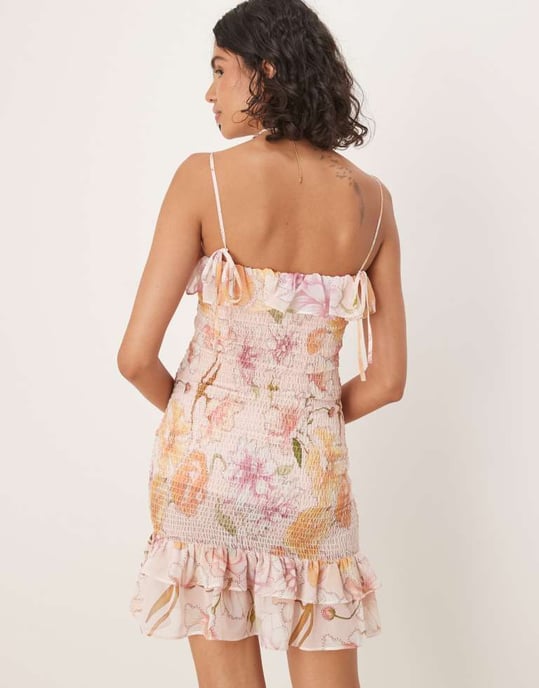 ASOS DESIGN cami knyt shirred volang mini i blommönster - Image 4