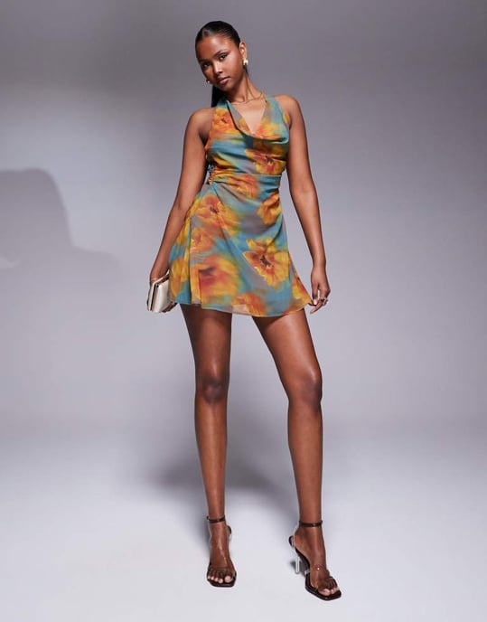 ASOS DESIGN cowl neck chiffon mini dress in blown up floral print - Image 2