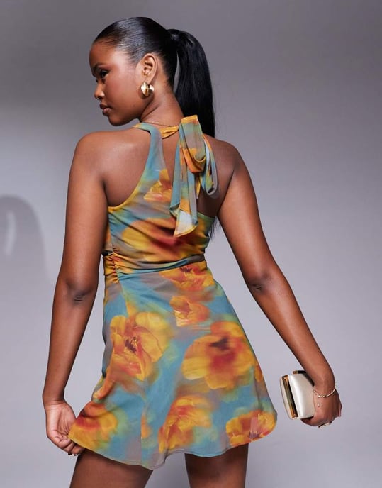 ASOS DESIGN cowl neck chiffon mini dress in blown up floral print - Image 4