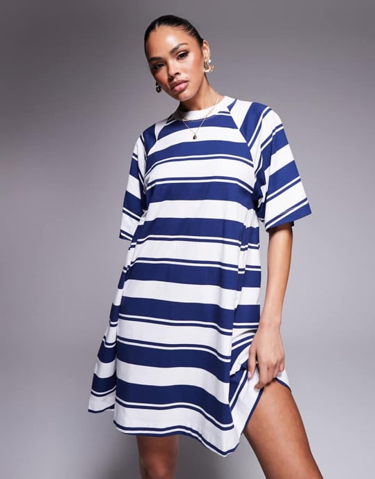 ASOS DESIGN T-shirt sving mini klänning i blå ränder - Image 4