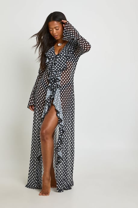 Polka Dot Ruffle Detail Mesh Maxi Beach Kimono - Image 1