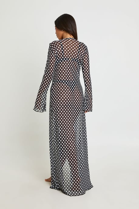 Polka Dot Ruffle Detail Mesh Maxi Beach Kimono - Image 2