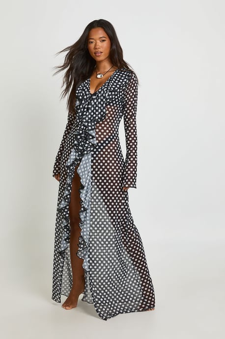Polka Dot Ruffle Detail Mesh Maxi Beach Kimono - Image 3
