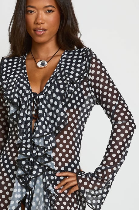 Polka Dot Ruffle Detail Mesh Maxi Beach Kimono - Image 4