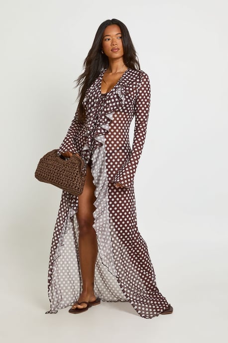 Polka Dot Ruffle Detail Mesh Maxi Beach Kimono - Image 1