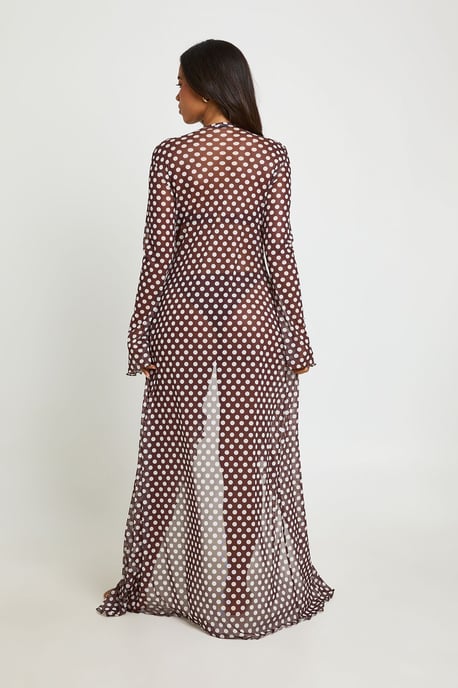 Polka Dot Ruffle Detail Mesh Maxi Beach Kimono - Image 2