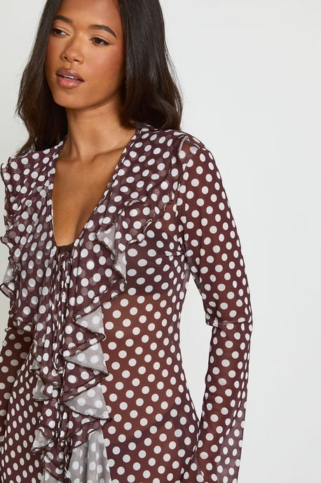 Polka Dot Ruffle Detail Mesh Maxi Beach Kimono - Image 4