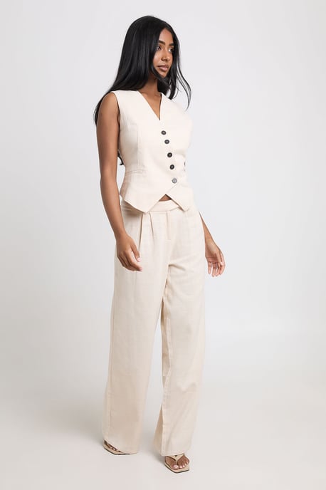 Linen Look Pleated Wide Leg Tailored Trousers - Image 1