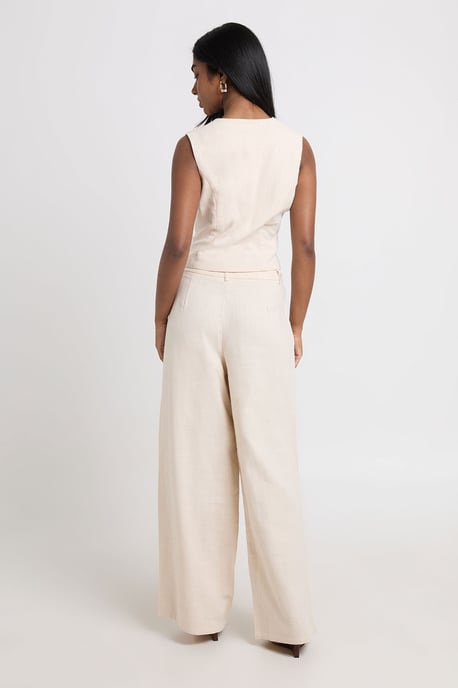 Linen Look Pleated Wide Leg Tailored Trousers - Image 2