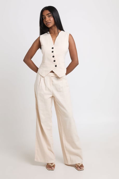 Linen Look Pleated Wide Leg Tailored Trousers - Image 3