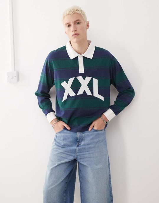 COLLUSION långärmad XXL broderad randig polo i multi - Image 2