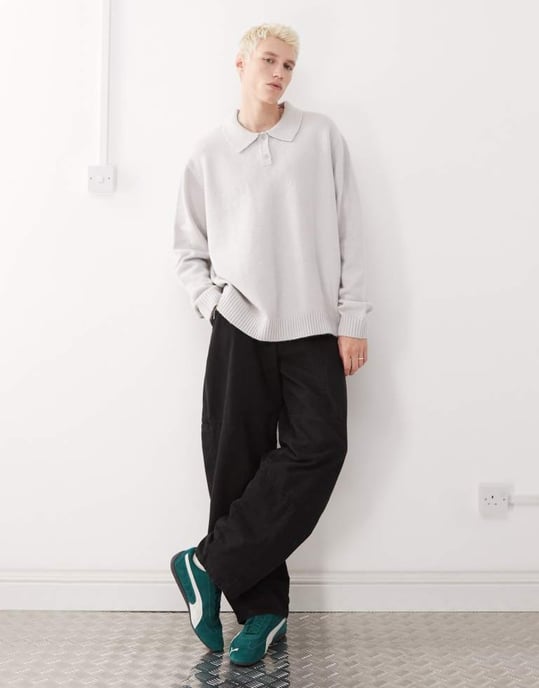 COLLUSION soft knitted long sleeve polo in grey - Image 3