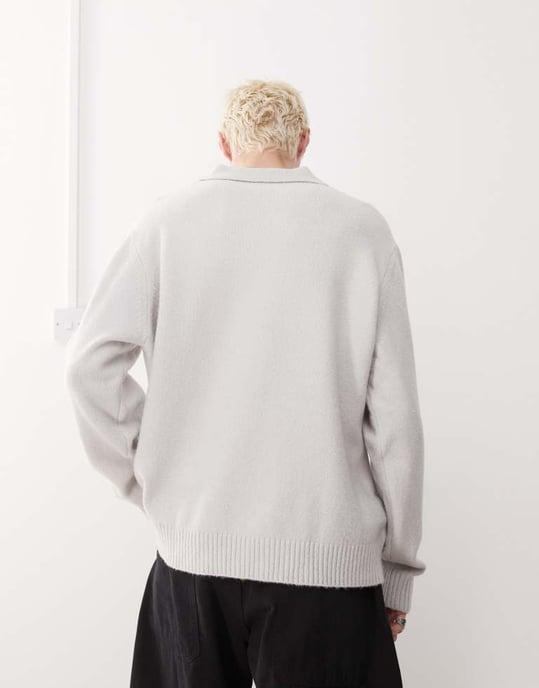 COLLUSION soft knitted long sleeve polo in grey - Image 4