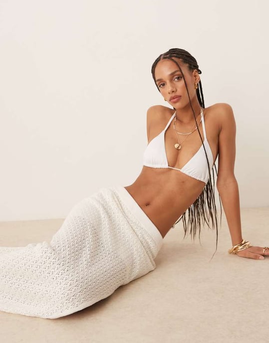 Abercrombie & Fitch mid rise crochet maxi skirt with side split in cream - Image 2