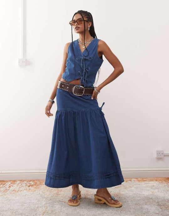 Reclaimed Vintage denim prairie skirt co-ord with bow detail - Image 1