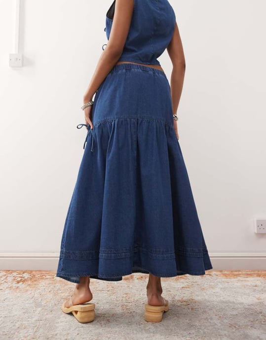 Reclaimed Vintage denim prairie skirt co-ord with bow detail - Image 2