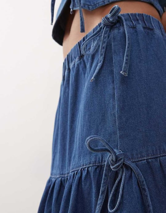 Reclaimed Vintage denim prairie skirt co-ord with bow detail - Image 3