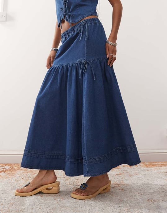 Reclaimed Vintage denim prairie skirt co-ord with bow detail - Image 4