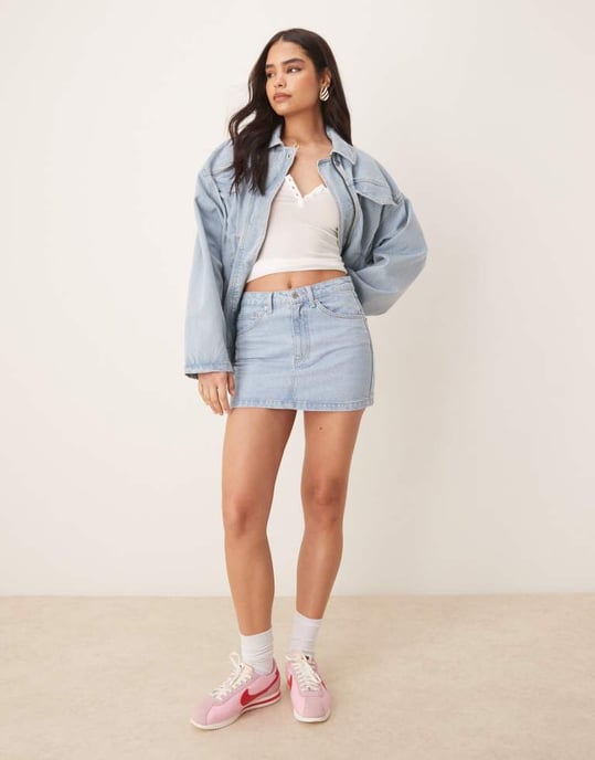 ASOS DESIGN denimkjol med pärmkant i ljus tvättkoord - Image 3