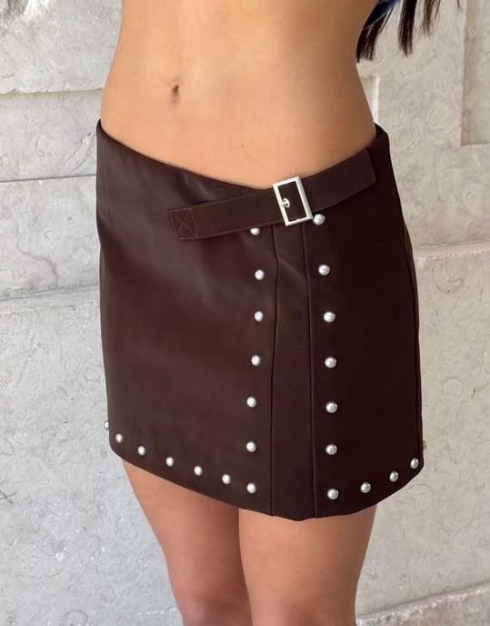 Labelrail x Barbara Ines studded faux leather wrap skirt in brown - Image 3