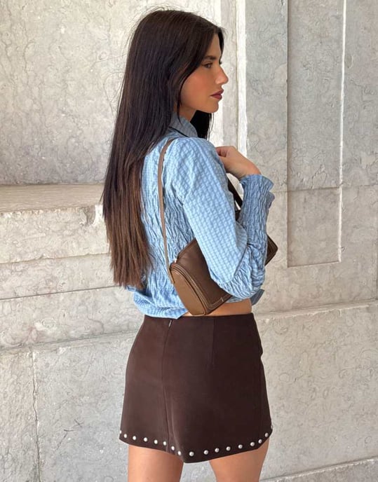 Labelrail x Barbara Ines studded faux leather wrap skirt in brown - Image 4