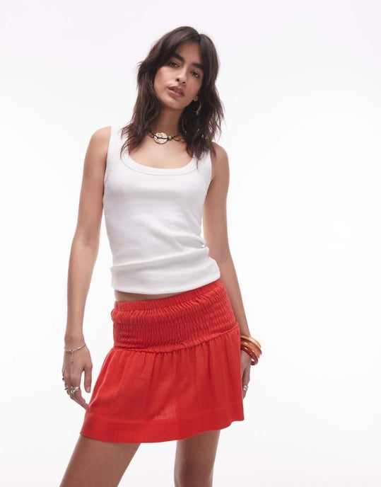 Topshop hög midja linne mini kjol med rynkade sidor i röd - Image 1