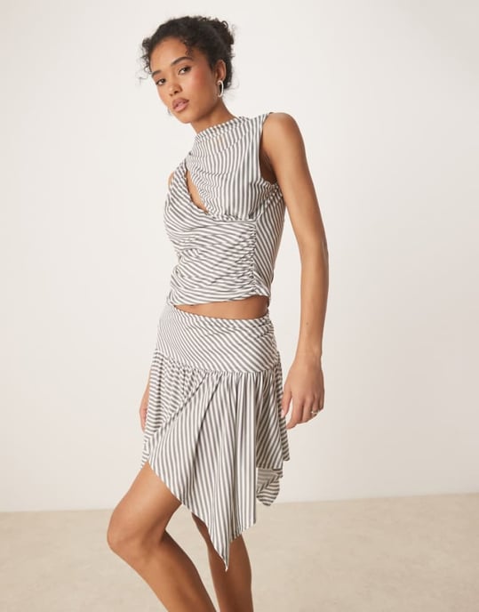 ASOS DESIGN co-ord stripe hanky hem skirt in grey - Image 1