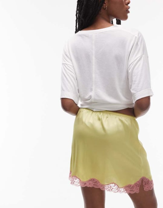 Topshop satinspets underkjol spetsminikjol i lime med blekrosa spets - Image 3