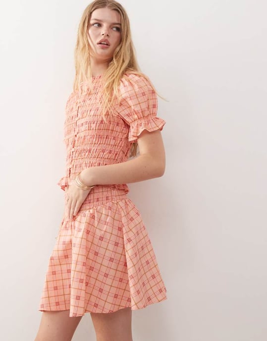 Återvunnen vintage västerländsk minikjol med rynkning i rosa rutigt - Image 2