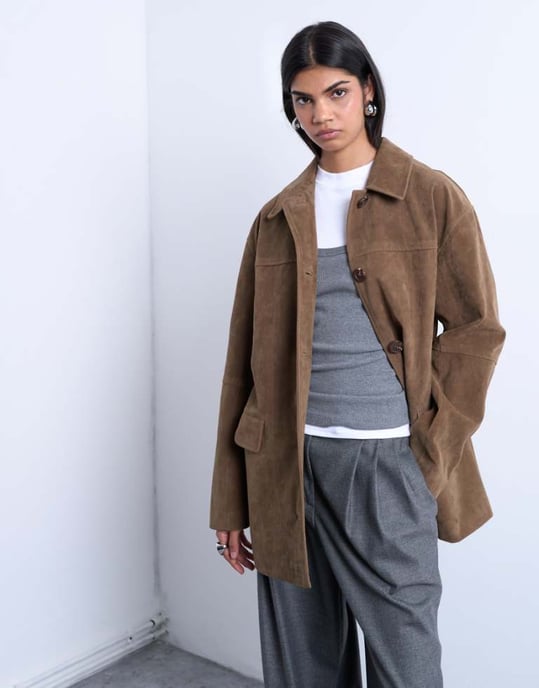 Topshop premium real suede patch pocket boxy jacket in tan - Image 1